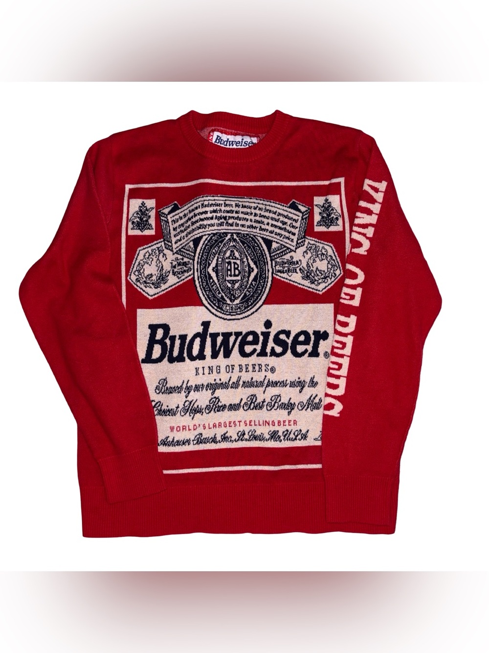 Vintage Budweiser King of Beers Red Knit Sweater Mens Large Graphic Beer Logo